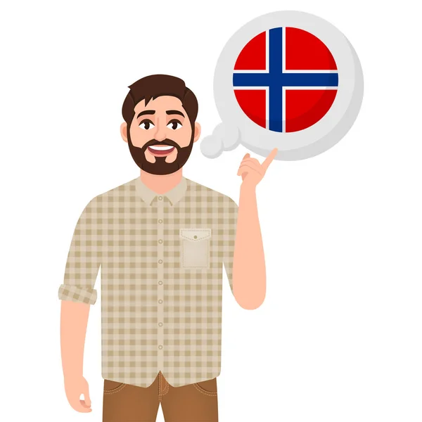 Feliz hombre barbudo dice o piensa en el país Noruega, icono del país europeo, viajero o vector turístico ilustración — Archivo Imágenes Vectoriales