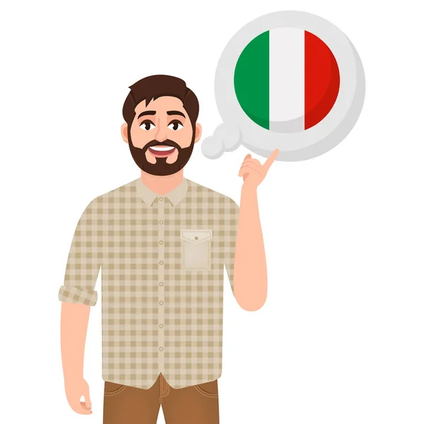 Glücklicher bärtiger Mann im Gespräch oder beim Nachdenken über Italien, europäisches Ländersymbol, Reise- oder Touristenvektorillustration — Stockvektor