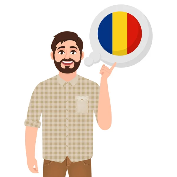 Gelukkig bebaarde man zegt of denkt over het land van Roemenië, Europese land icoon, reiziger of toeristische vector illustratie — Stockvector