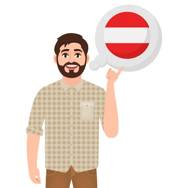 Glad skægget mand taler eller tænker på land Østrig, europæisk land ikon, rejsende eller turist vektor illustration – Stock-vektor