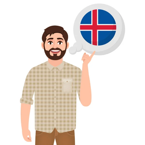 Feliz hombre barbudo dice o piensa en el país Islandia, icono del país europeo, viajero o vector turístico ilustración — Vector de stock