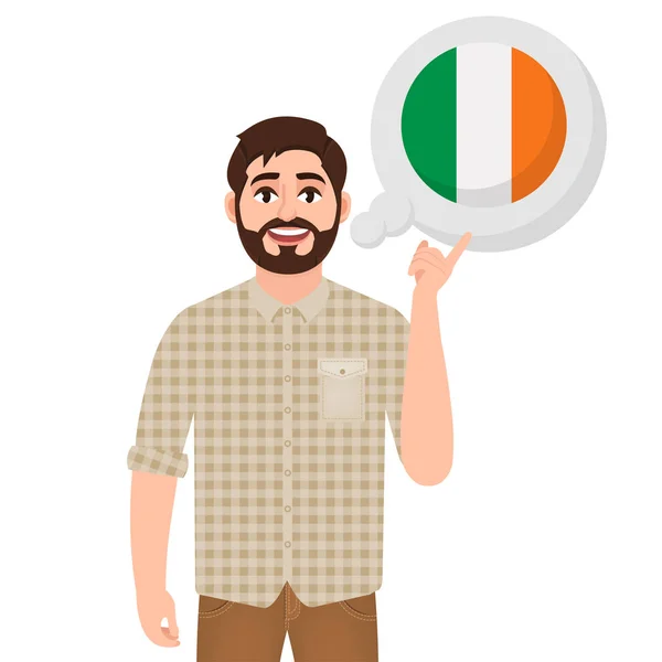 Glücklicher bärtiger Mann sagt oder denkt über das Land Irlands, europäisches Ländersymbol, Reisender oder Touristenvektorillustration — Stockvektor