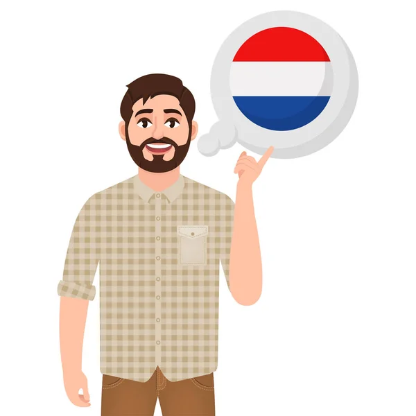 Glücklicher bärtiger Mann, der über das Land der Niederlande spricht oder darüber nachdenkt, europäisches Ländersymbol, Reise- oder Touristenvektorillustration — Stockvektor