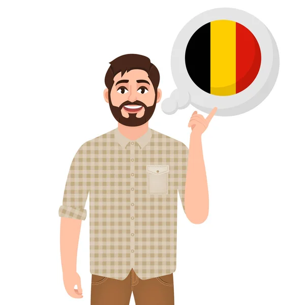 Gelukkig bebaarde man zegt of denkt over het land van België, Europese land icoon, reiziger of toeristische vector illustratie — Stockvector