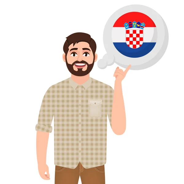 Feliz hombre barbudo dice o piensa en el país de Croacia, icono del país europeo, viajero o vector turístico ilustración — Archivo Imágenes Vectoriales