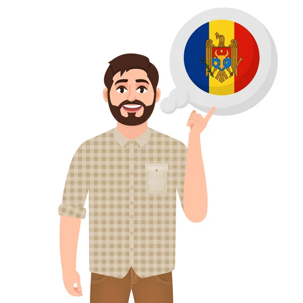 Mutlu sakallı adam diyor veya ülke Moldavya, Avrupa ülke simgesi, gezgin veya turist vektör illüstrasyon düşünüyor — Stok Vektör
