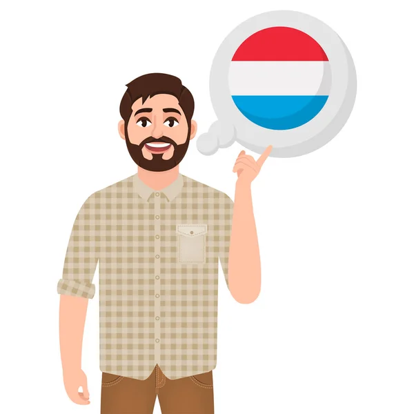 Glad skægget mand siger eller tænker på det land i Luxembourg, europæisk land ikon, rejsende eller turist vektor illustration – Stock-vektor