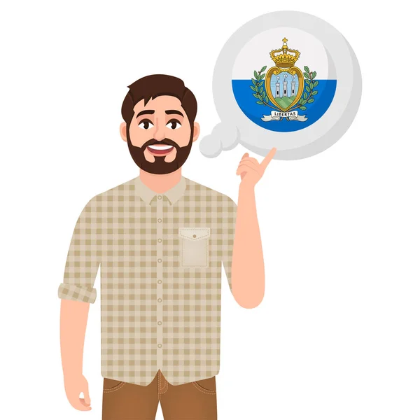 Feliz hombre barbudo hablando o pensando en el país de San Marino, icono del país europeo, viajero o vector turístico ilustración — Vector de stock