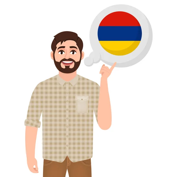 Feliz hombre barbudo dice o piensa en el país de Armenia, icono del país europeo, viajero o vector turístico ilustración — Archivo Imágenes Vectoriales