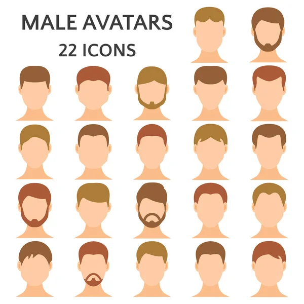 Conjunto de iconos de avatares masculinos. Hombre sin emociones en la cara, chico con diferentes peinados y el pelo vector de color ilustración — Vector de stock