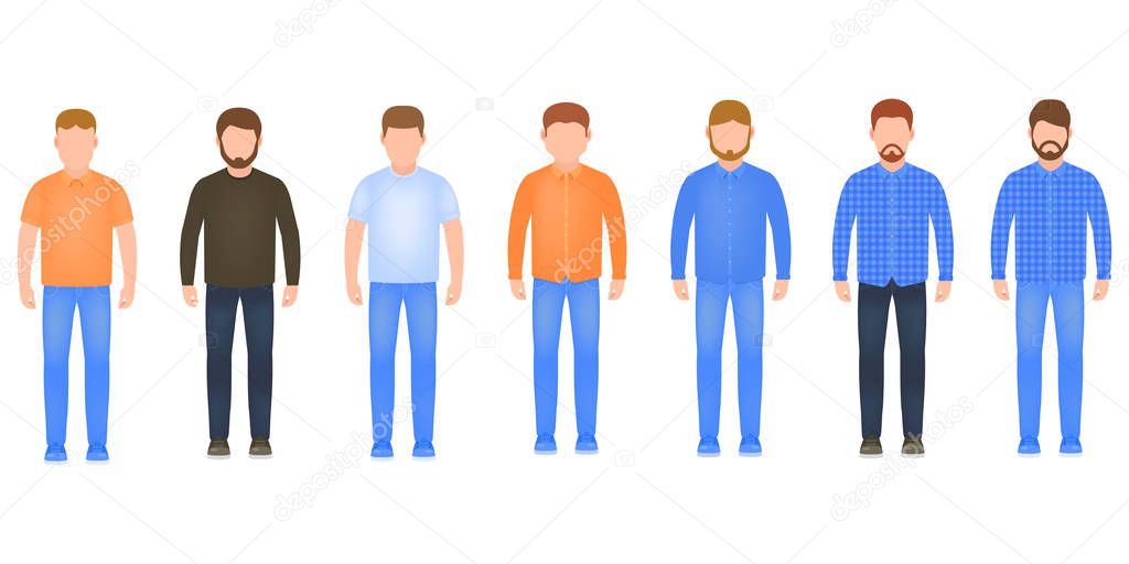 Full length men icon set, male avatars in flat style, stylish guys vector illustration