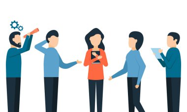 Ekip çalışanları iş başında, kız bir kitap tutan, fikirleri tartışıyor, analitik çalışma, yeni çalışan, vektör illüstrasyon