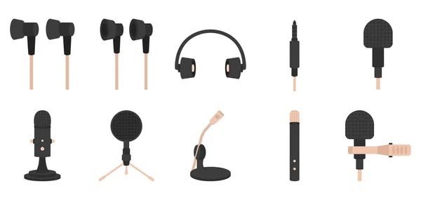 Microfones e fones de ouvido conjunto de ícones planos — Vetor de Stock