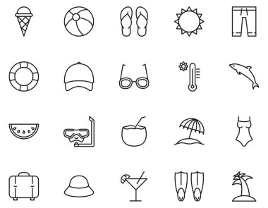 Anahat tarzı simgeler yaz seti, tatil elemanları vektör illüstrasyon