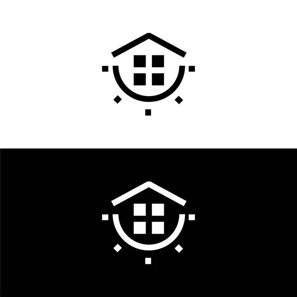Casa y el icono de los rayos del sol en estilo glifo, logotipo minimalista. Ilustración vectorial sobre fondo blanco y negro . — Archivo Imágenes Vectoriales