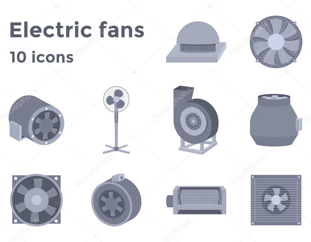 Electric Fans set icons in flat style, ventilation devices vector illustration