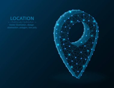 Konum pini düşük poli grafik nesnesi, çokgen görüntü navigasyonu, koyu mavi arka planda gps simgesi tel çerçeve vektör çizimi