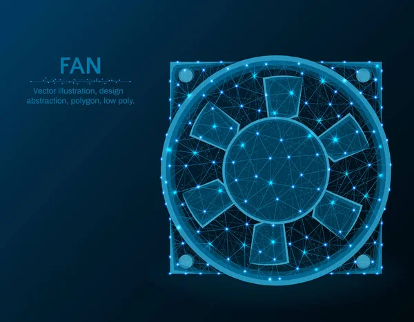 Fan low poli model grafic, echipamente electronice poligonale, sistem de răcire cadru vector de sârmă ilustrare pe fundal albastru închis — Vector de stoc