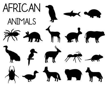 Düz tarzda simgeler kümesi Afrika hayvan siluetleri, Afrika faunası, cüce kaz, Afrika akbaba, bufalo, ceylan Dorcas, vb vektör illüstrasyon