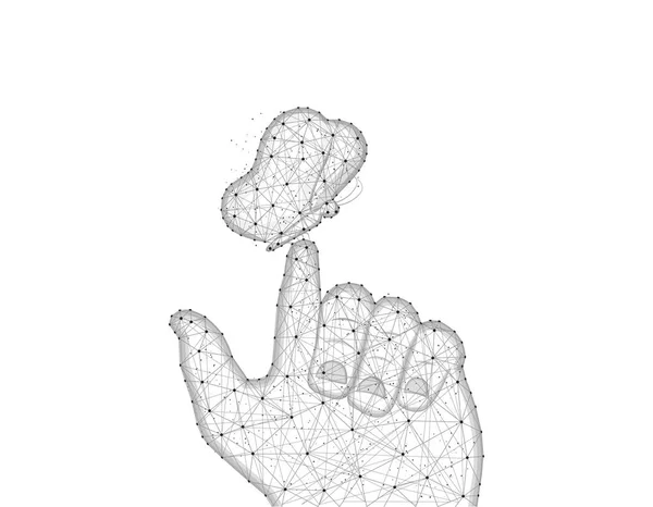 人間の指の低いポリデザイン上の蝶、蛾の多角形のスタイル、白い背景に昆虫学ワイヤーフレームベクトルイラスト — ストックベクタ