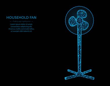 Ev fanı düşük Poly grafik modeli, poligon elektronik ekipman, siyah arka planda soğutma sistemi tel çerçeve vektör illüstrasyon
