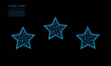 Üç yıldız düşük Poly tasarım, çokgen tarzı derecelendirme işareti, siyah arka planda favori vektör illüstrasyon