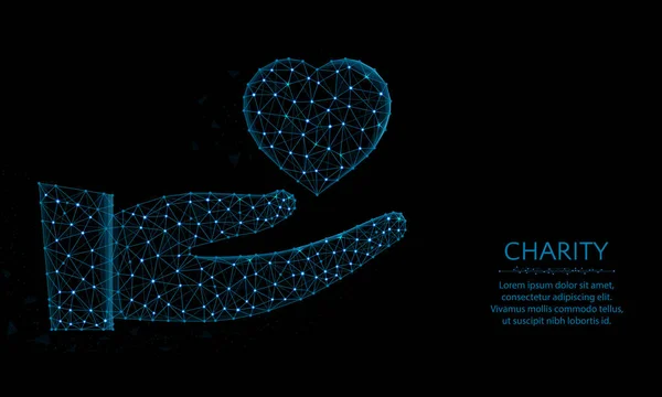 Charity Low-Poly-Design, Hand im polygonalen Stil, Herzvektorabbildung auf schwarzem Hintergrund — Stockvektor