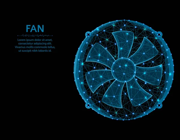 Lüfter Low-Poly-Grafik-Modell, polygonale elektronische Geräte, Kühlsystem Drahtvektordarstellung auf schwarzem Hintergrund — Stockvektor