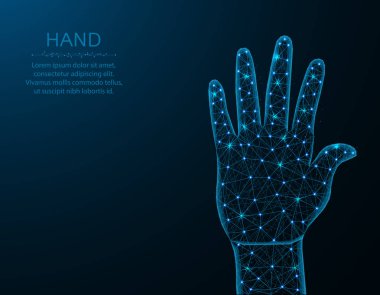 İnsan el düşük poli tasarım, çokgen tarzı jest, mavi arka plan üzerinde vücut parçası vektör illüstrasyon