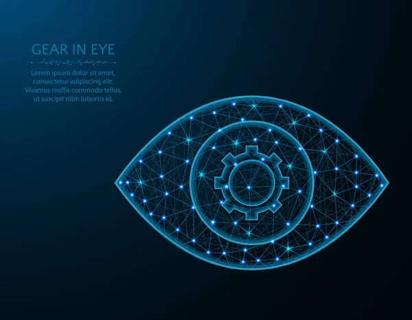 Engranaje en el ojo diseño de poli baja, ajustes o mecanismo en un estilo poligonal, visualización de vista vectorial sobre un fondo azul . — Vector de stock