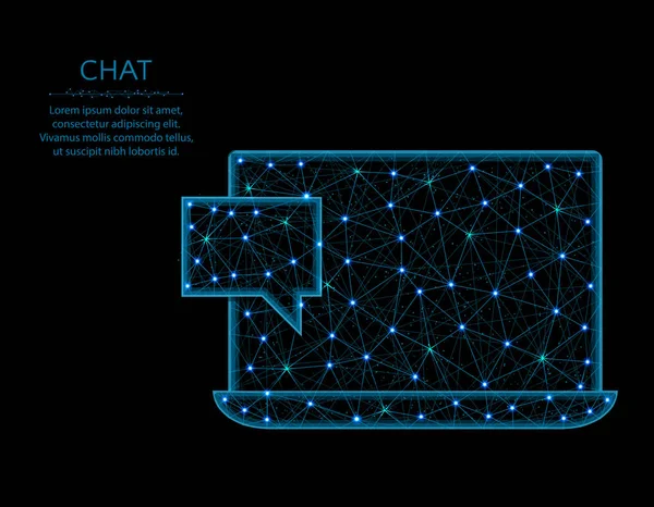 Chat nízký Poly model, notebook v polygonálním stylu, jedna nová zpráva drátová vektorová ilustrace, která je vyrobena z bodů a čar na černém pozadí — Stockový vektor