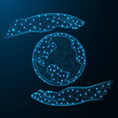 Eller gezegen düşük poli tasarım tutun, çokgen tarzında dünya kaydetmek, koyu mavi arka plan üzerinde çevre vektör illüstrasyon korumak