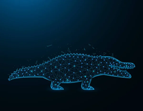 Modèle crocodile low poly, armature polygonale animale africaine, illustration vectorielle reptile sur fond bleu foncé — Image vectorielle