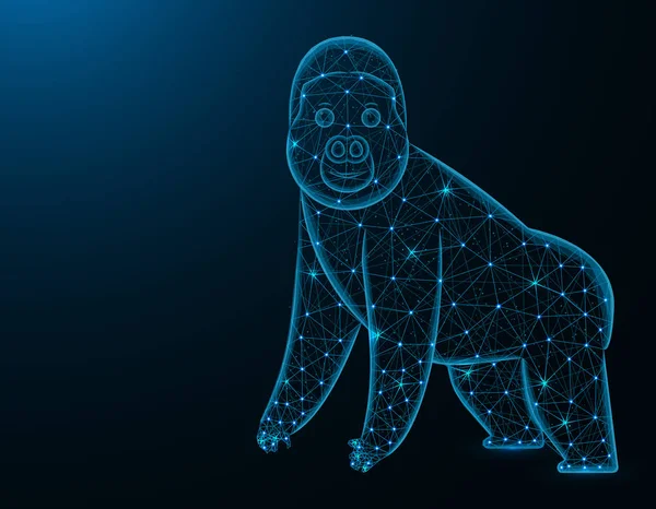 Gorilla modello basso poli, animale africano wireframe poligonale vettoriale illustrazione su sfondo blu scuro — Vettoriale Stock