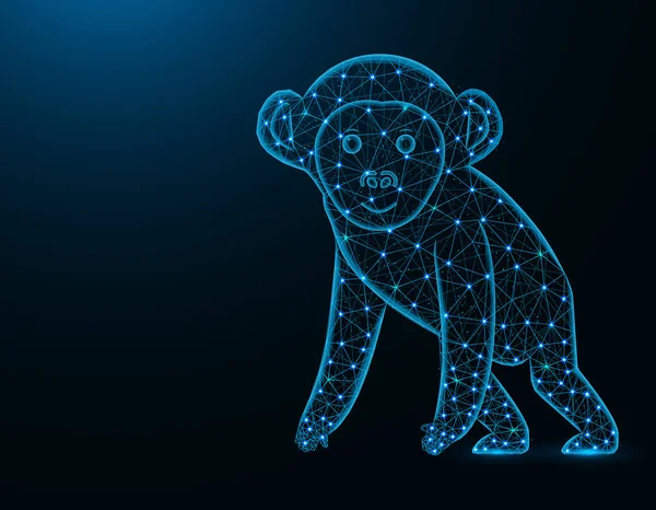 Un modello a basso poli scimmia, grafica astratta animale africana, illustrazione vettoriale wireframe poligonale primate su sfondo blu scuro — Vettoriale Stock