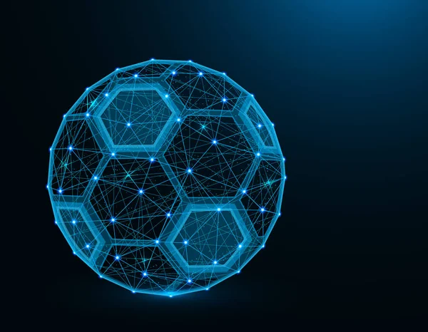 Futbol topu düşük poli model, Spor oyunu soyut grafikler, koyu mavi arka plan üzerinde futbol çokgen tel kafes vektör illüstrasyon