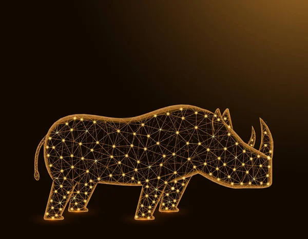 Rhinoceros låg Poly modell, afrikansk djur abstrakt grafik, solitära däggdjur Polygonal wireframe vektor illustration på mörkgul bakgrund — Stock vektor