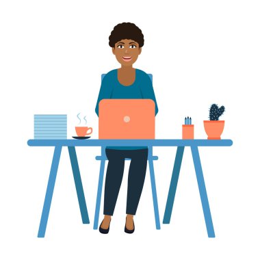 İşyerinde oturan siyah genç kız, Ofiste mutlu kadın iş, bir dizüstü bilgisayar arkasında çalışan iş kadını, çizgi film tarzında karakter, beyaz arka plan üzerinde izole serbest vektör illüstrasyon
