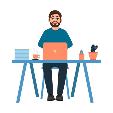 İşyerinde oturan sakallı adam, Ofiste mutlu adam çalışması, dizüstü bilgisayarın arkasında çalışan işadamı, çizgi film tarzında karakter, beyaz arka planda izole edilmiş serbest vektör illüstrasyonu