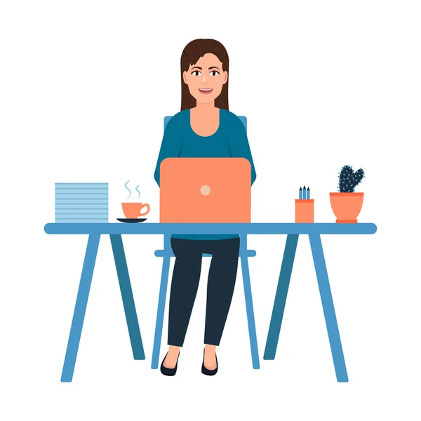 Een jong meisje zit op de werkplek, gelukkige vrouw werkt in Office, een zakenvrouw werkt achter de laptop, karakter in cartoon stijl, freelancer vector illustratie geïsoleerd op witte achtergrond — Stockvector