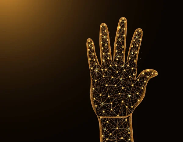 Palma humana de la mano modelo polivinílico bajo, gesto en estilo poligonal, cuerpo parte wireframe vector ilustración hecha de puntos y líneas sobre fondo amarillo oscuro — Archivo Imágenes Vectoriales