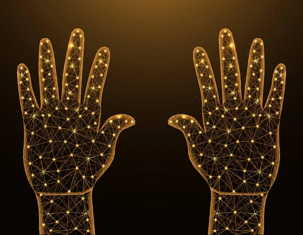 Palme umane delle mani basso modello poli, gesto in stile poligonale, parte del corpo wireframe vettoriale illustrazione fatta da punti e linee su sfondo giallo scuro — Vettoriale Stock