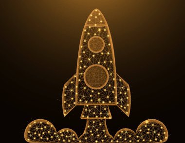 Roket düşük poli modeli, çokgen tarzda mekik fırlatma, uzay gemisi tel kafes vektör illüstrasyon noktaları ve koyu sarı arka plan üzerinde çizgiler yapılmış