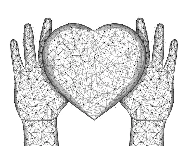 Mãos humanas e um símbolo de coração design poli baixo, valentine em estilo poligonal, amor wireframe ilustração vetorial feita a partir de pontos e linhas em um fundo branco — Vetor de Stock