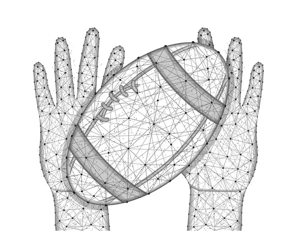 Mains et ballon pour jouer au rugby football low poly design, jeu de sport dans un style polygonal, attraper ou lancer la balle illustration vectorielle wireframe faite à partir de points et de lignes sur un fond blanc — Image vectorielle