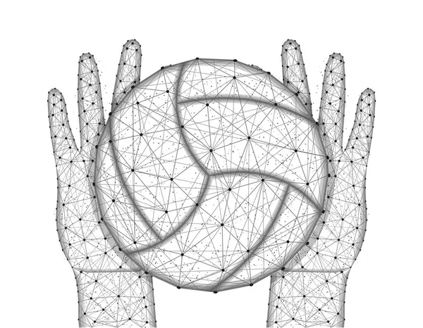 Manos y bola para jugar voleibol diseño de poli baja, juego de deportes en estilo poligonal, atrapar o lanzar la ilustración de vector de marco de alambre de bola hecha de puntos y líneas sobre un fondo blanco — Archivo Imágenes Vectoriales