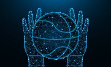 Eller ve top basketbol düşük poli tasarım oynamak için, çokgen tarzında spor oyunu, yakalamak veya koyu mavi arka plan üzerinde puan ve çizgilerden yapılan topu tel çerçeve vektör illüstrasyon atmak