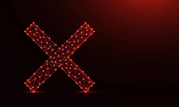 Marca cruzada de baixo design poli, símbolo de exclusão em estilo poligonal, letra x ilustração vetorial wireframe feita a partir de pontos e linhas em fundo vermelho escuro — Vetor de Stock