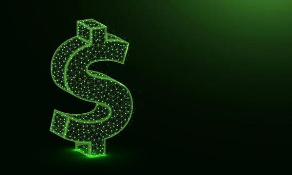 Símbolo do dólar design poli baixo, moeda do americano em estilo poligonal, finanças, sinal de dinheiro ilustração do vetor de quadro de arame feita a partir de pontos e linhas no fundo verde escuro — Vetor de Stock