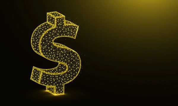 Símbolo do dólar design poli baixo, moeda do americano em estilo poligonal, finanças, sinal de dinheiro ilustração do vetor do quadro do fio feito dos pontos e das linhas no fundo amarelo escuro — Vetor de Stock